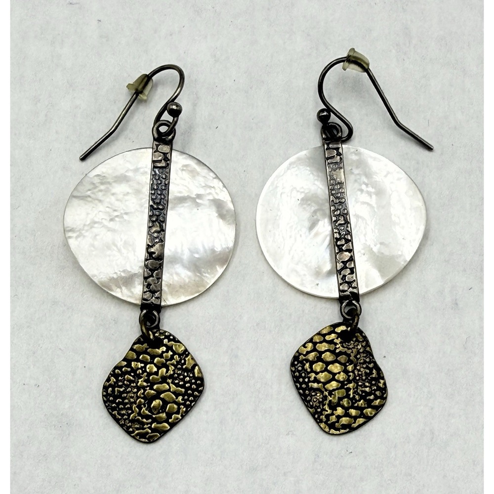 Artisan Mixed Metal Earrings Hammered Shell Disc Brass Dangle